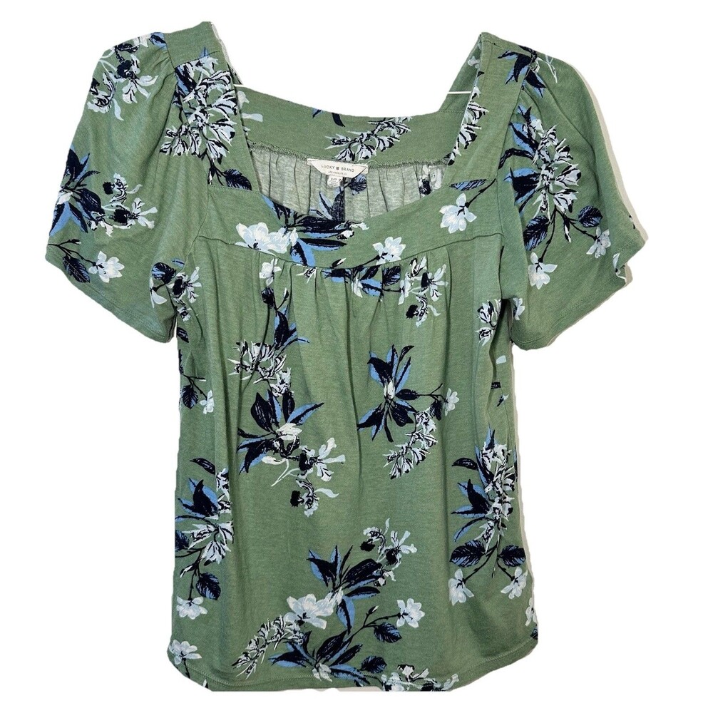 Lucky Brand Top Shirt Women’s Medium Green Floral Short Sleeve